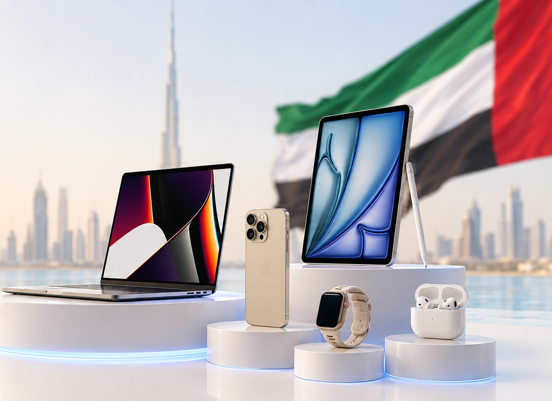 MacBook, iPad, iPhone, Apple Watch and AirPods on display against the Dubai skyline and the UAE flag